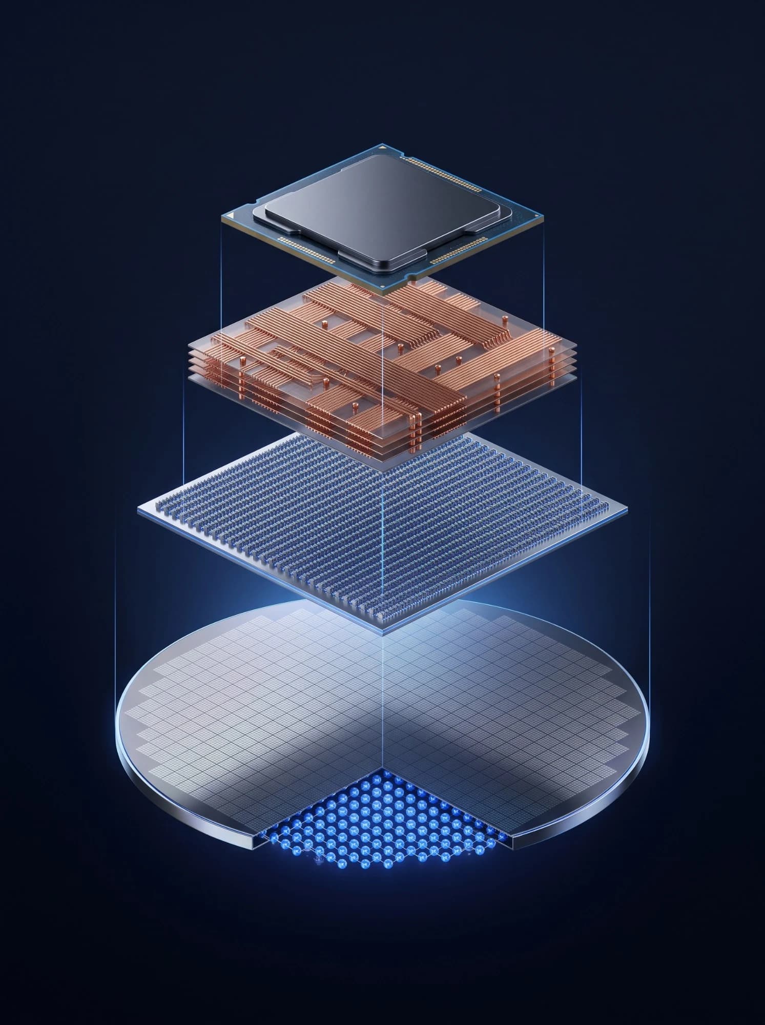 Exploded view of a chip: a single-crystal wafer at the base, then active transistor layers, copper interconnect layers, and the finished chip on top.