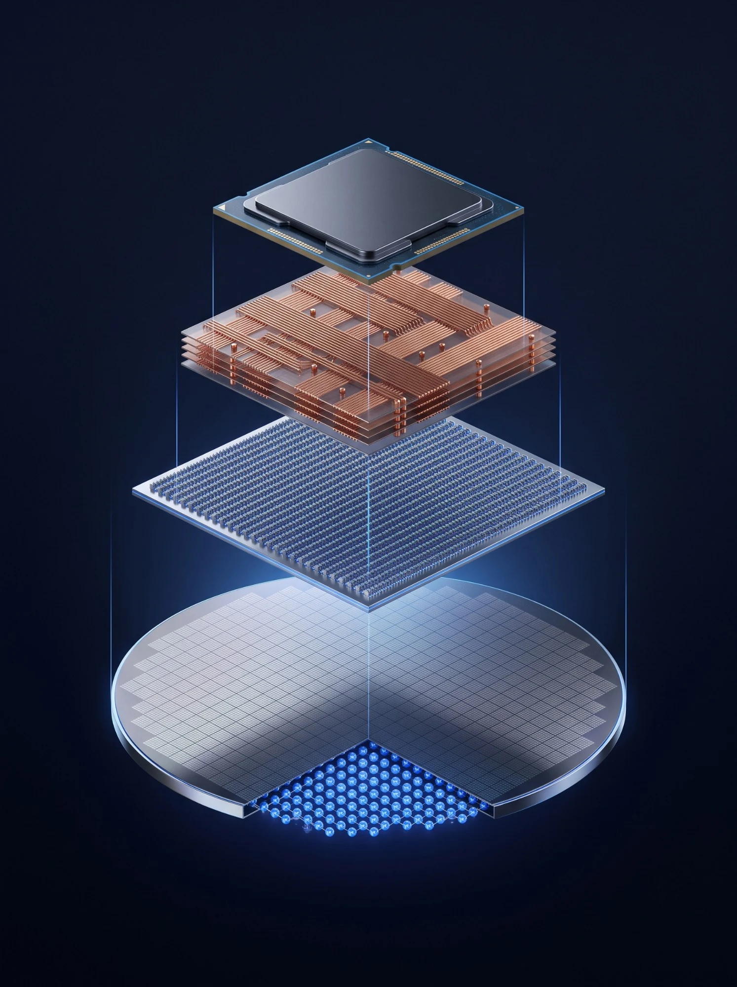 Exploded view of a chip: a single-crystal wafer at the base, then active transistor layers, copper interconnect layers, and the finished chip on top.